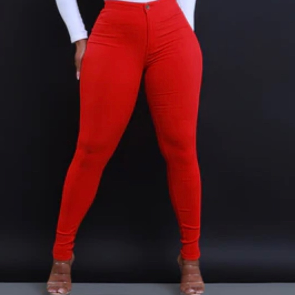 Super Swank High Waist Stretchy Jeans - Red